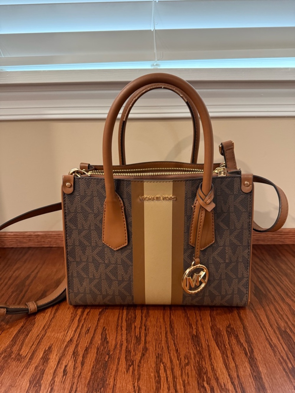 Michael Kors Brown and Tan Signature Stripe Satchel with Gold Hardware